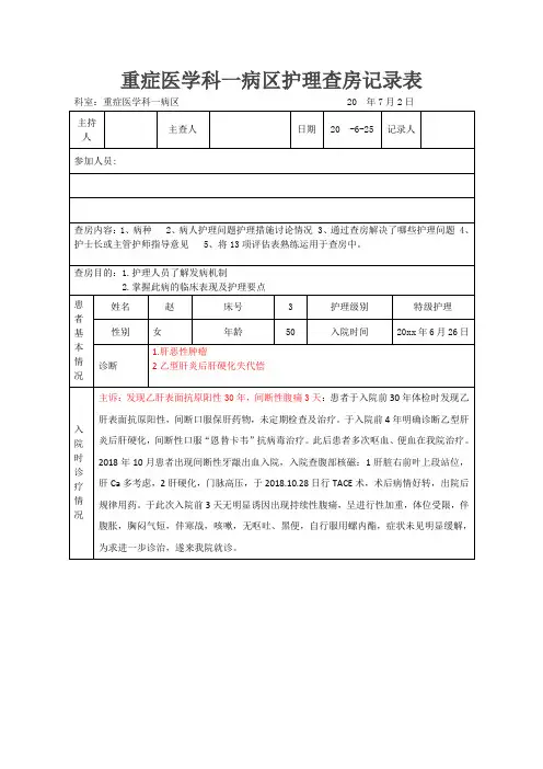 护理部《肝癌患者的护理查房》记录表
