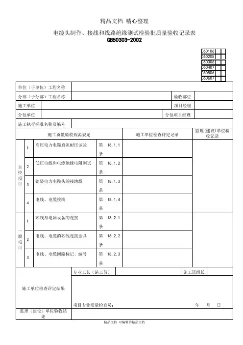 电缆头制作、接线和线路绝缘测试检验批质量验收记录表模板