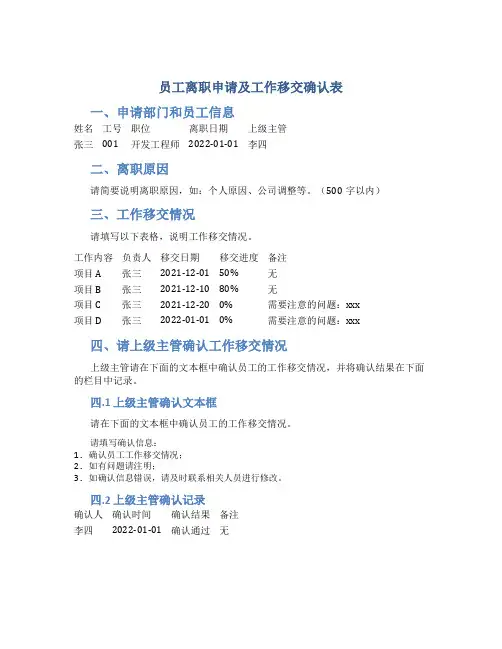 员工离职申请及工作移交确认表_