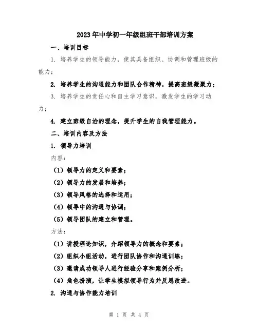 2023年中学初一年级组班干部培训方案