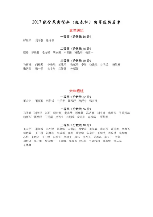 2017数学花园探秘(迎春杯)决赛获奖名单-山东