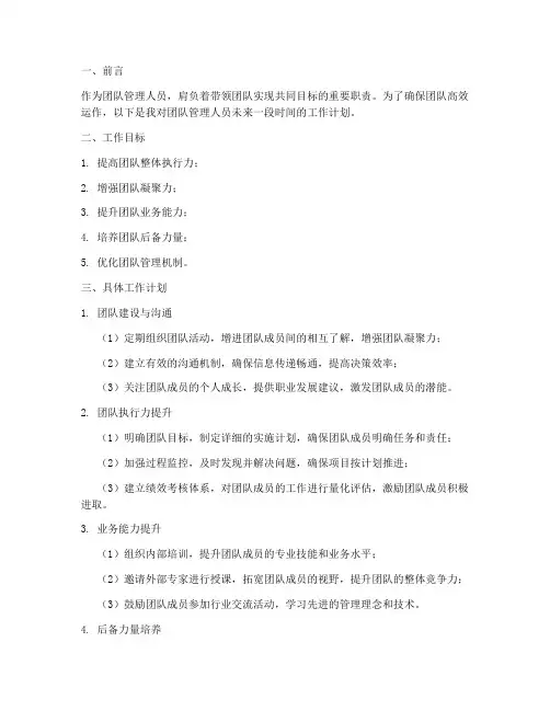 团队管理人员工作计划