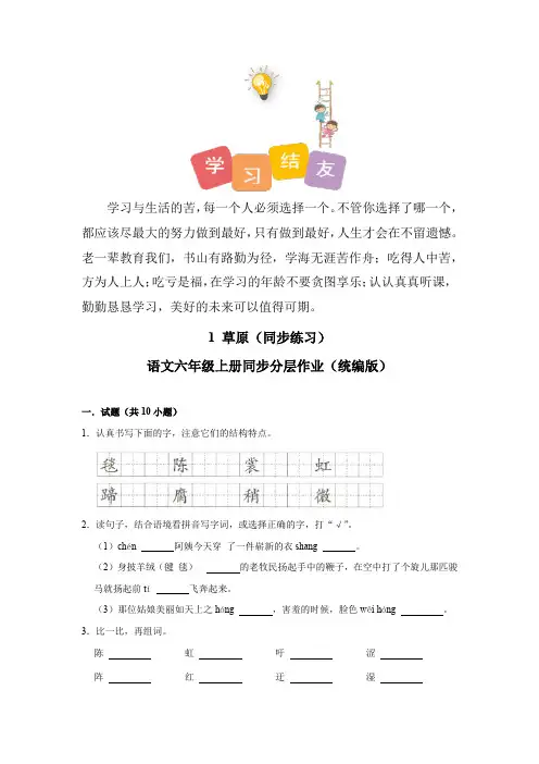 (基础通关练)部编人教版六年级语文上册《草原》同步练习