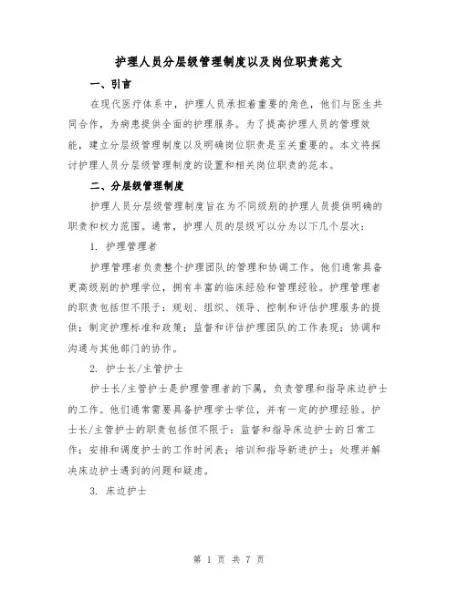 护理人员分层级管理制度以及岗位职责范文（3篇）