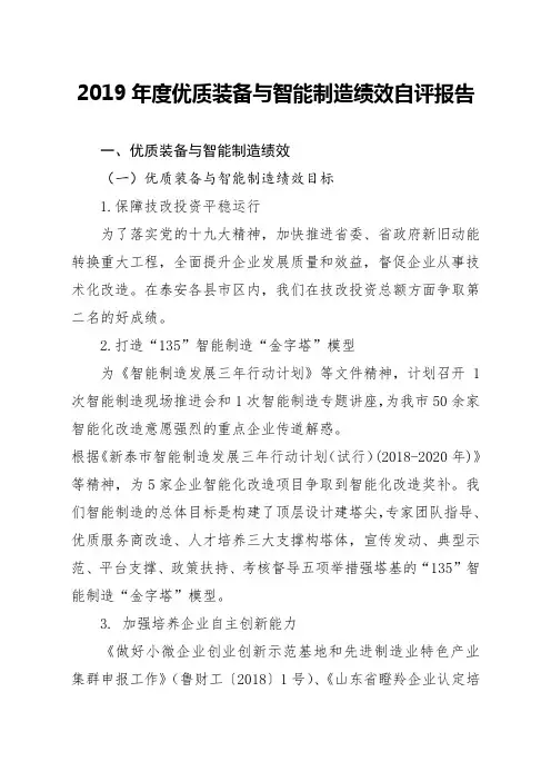 2019年度优质装备与智能制造绩效自评报告
