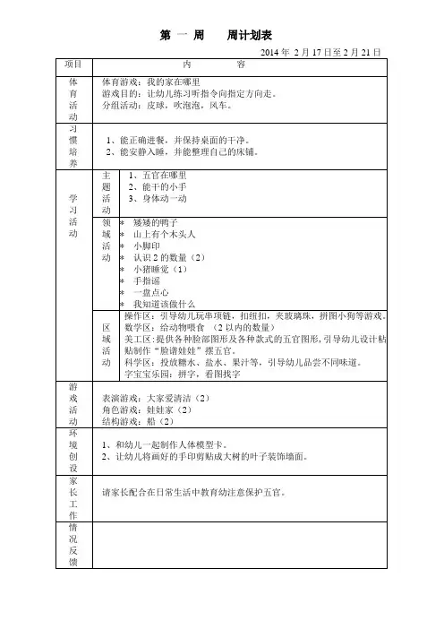 幼儿园小班下学期周计划 5