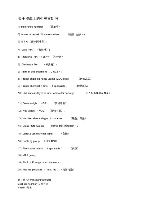 提单中英文对照