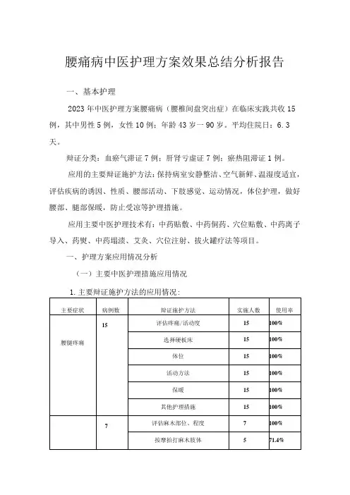 腰痛病中医护理方案效果总结分析报告