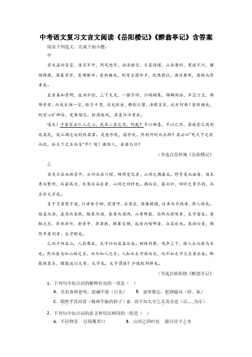 中考语文复习文言文阅读《岳阳楼记》《醉翁亭记》含答案