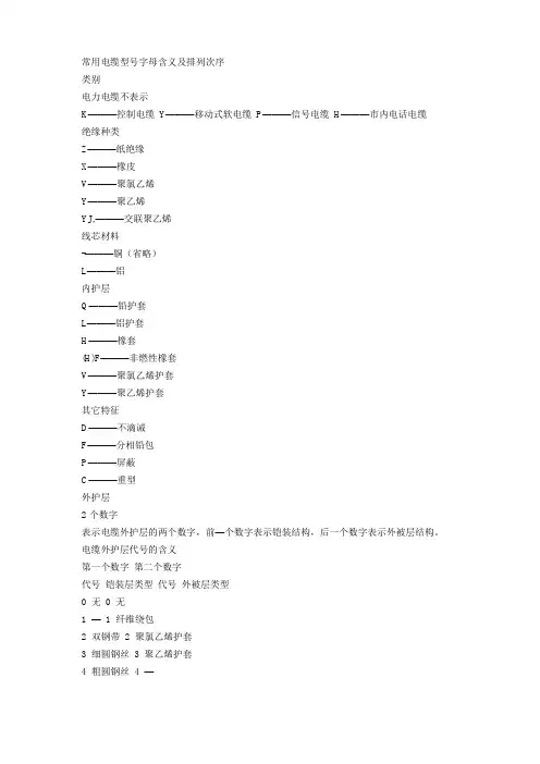常用电缆型号字母含义及排列次序