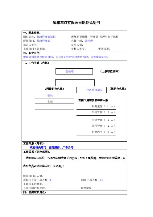 职务说明书行政部