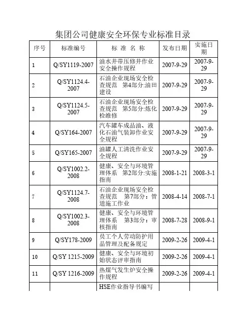 HSE专业集团公司标准目录-现行有效
