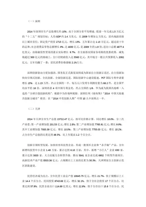 2014年深圳、天津、重庆、苏州及广州城市综合发展对比