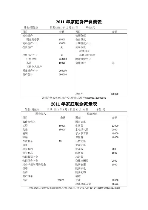 家庭资产负债表、个人收支情况表、家庭现金流量表