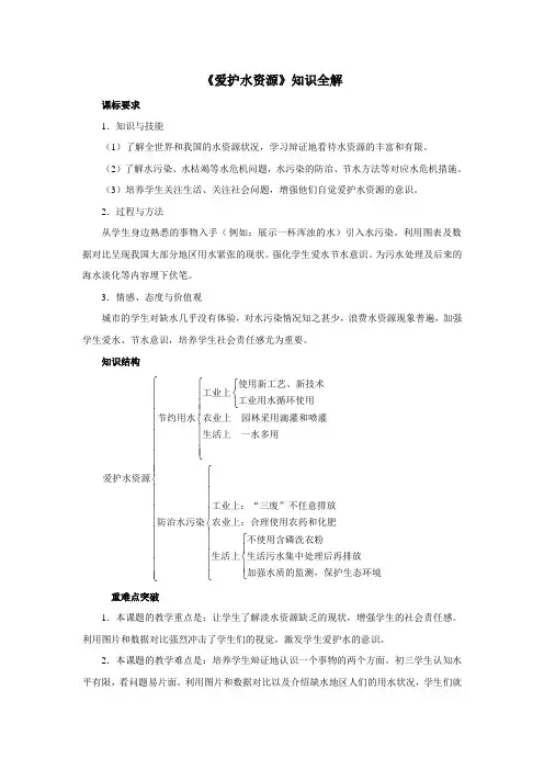 人教版九年级化学上册《爱护水资源》知识全解