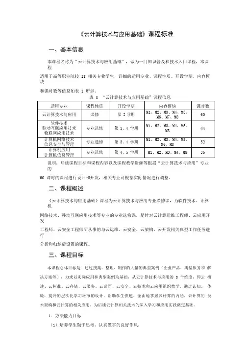 《云计算技术与应用基础》课程标准