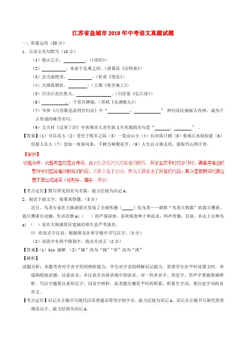 【2019年中考真题模拟】江苏省盐城市2019年中考语文真题试题(含解析)