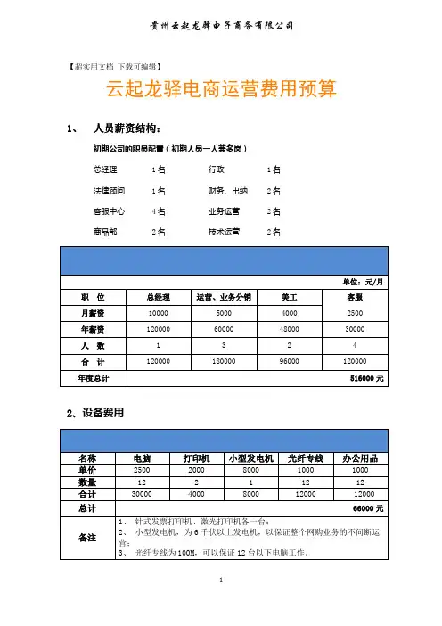 天猫旗舰店电商部门运营推广费用预算