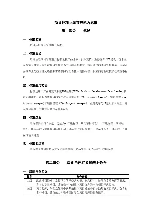 项目经理分级管理能力标准及要求
