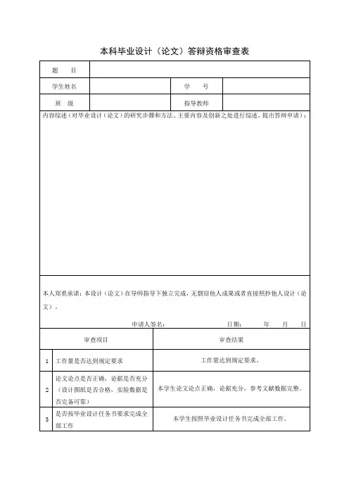 本科毕业设计(论文)答辩资格审查表