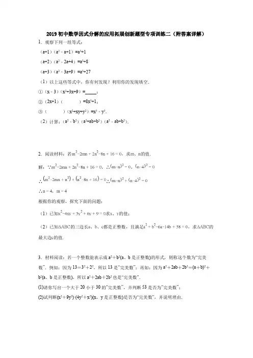 2019初中数学因式分解的应用拓展创新题型专项训练二(附答案详解)