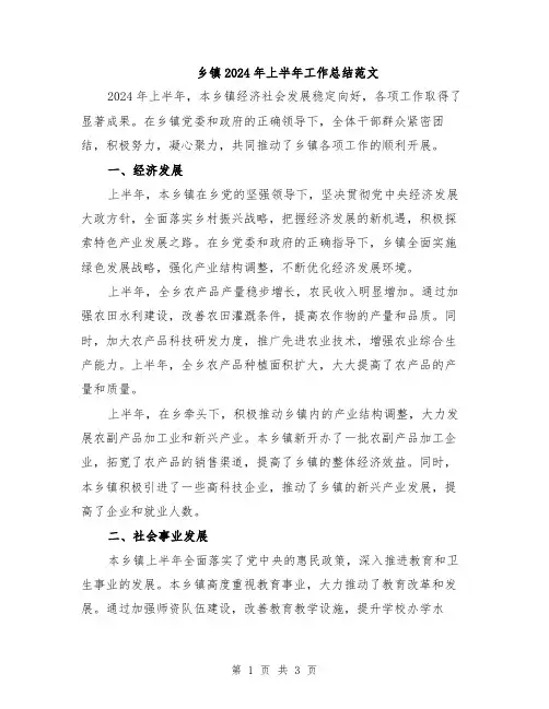 乡镇2024年上半年工作总结范文