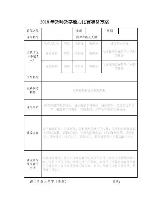 2018年教师教学能力比赛准备方案