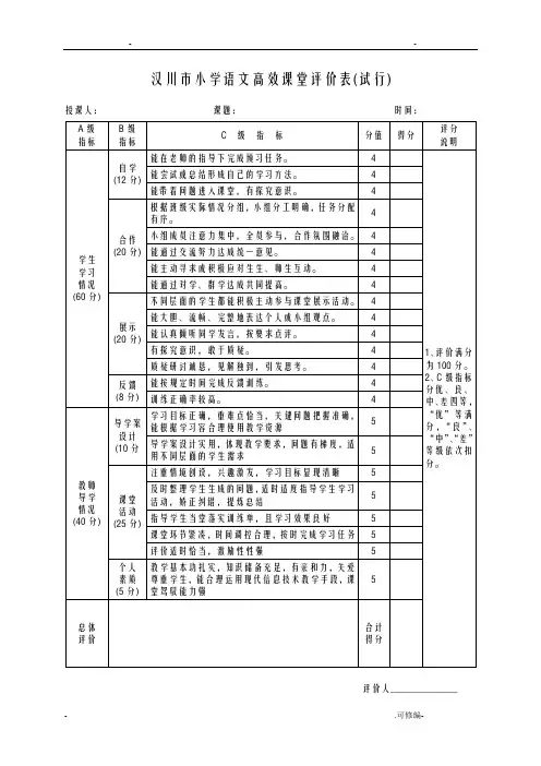 小学高效课堂评价表
