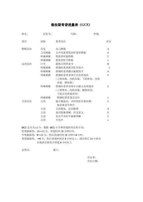 格拉斯哥昏迷量表GCS