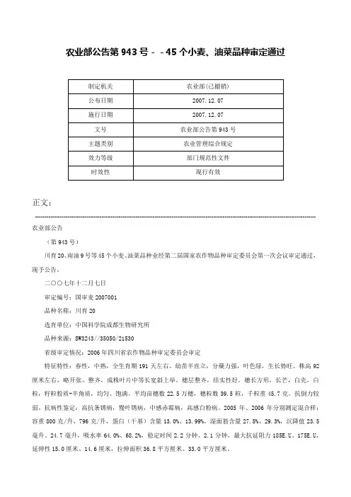 农业部公告第943号－－45个小麦、油菜品种审定通过-农业部公告第943号