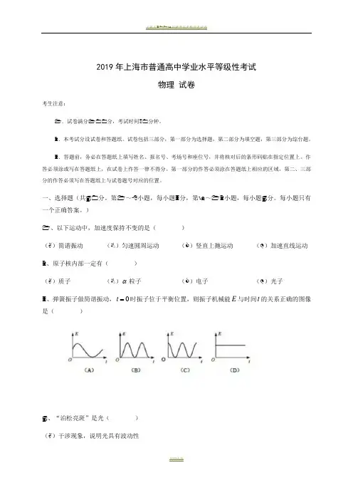 2019年上海市学业水平等级性考试物理试卷及答案
