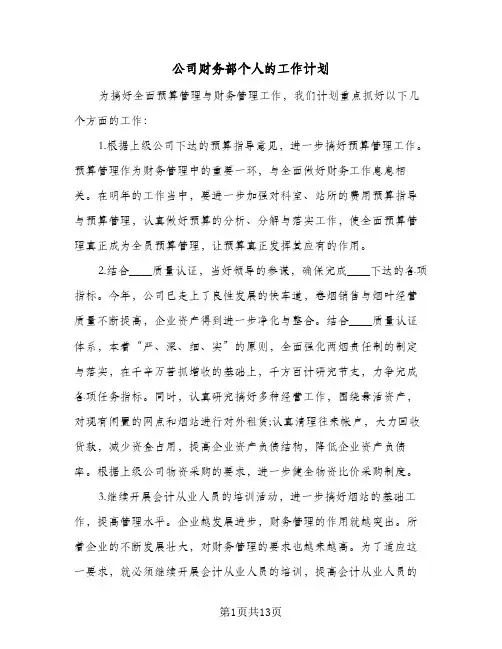 公司财务部个人的工作计划（五篇）