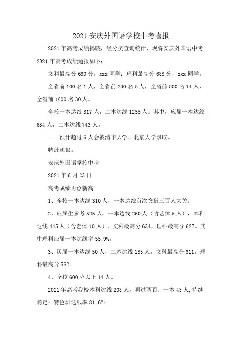 2021安庆外国语学校中考喜报
