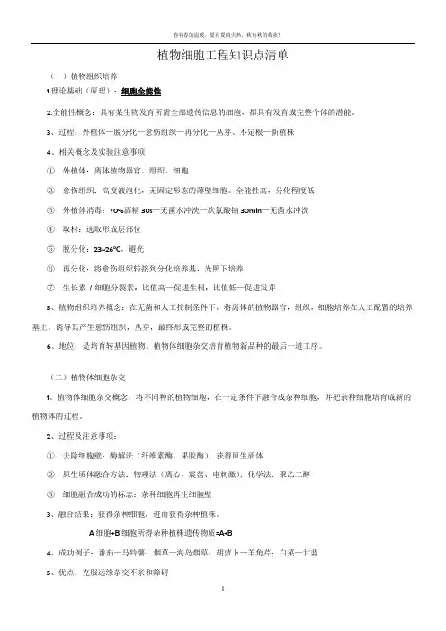 生物选修三植物细胞工程知识点清单(自主整理适合学生识记)