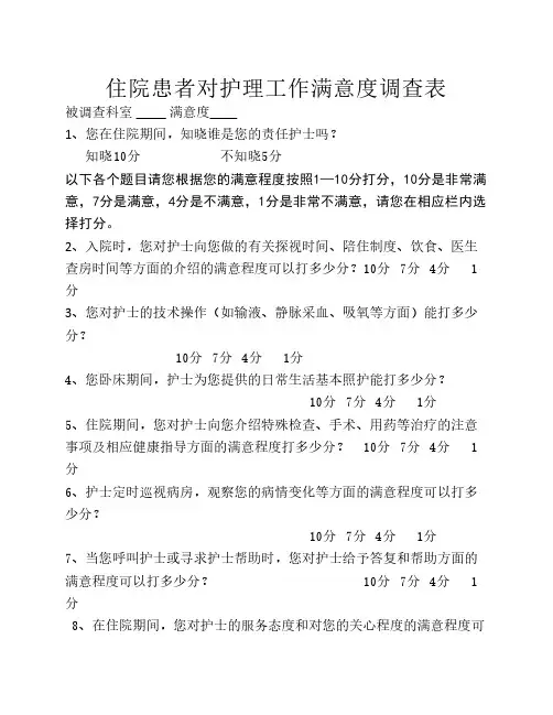 住院患者对护理工作满意度调查表