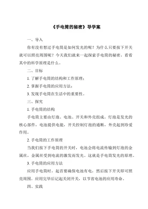 《手电筒的秘密导学案-2023-2024学年科学人教鄂教版》
