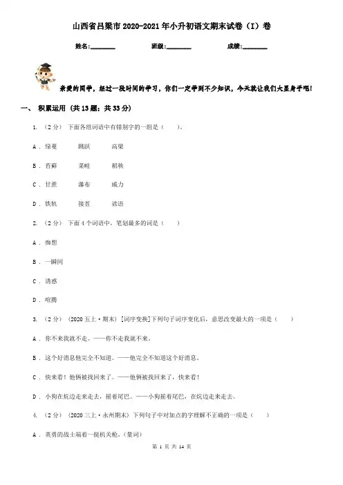 山西省吕梁市2020-2021年小升初语文期末试卷(I)卷