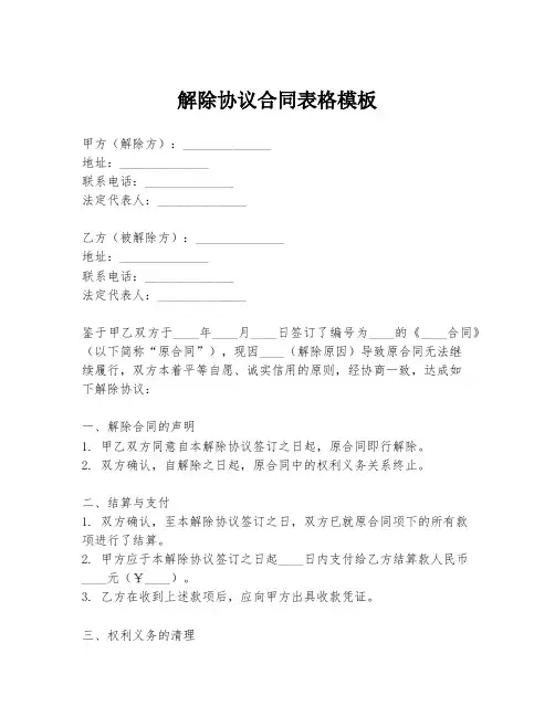 解除协议合同表格模板