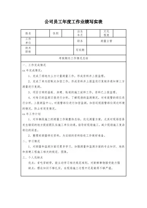 公司员工年度工作业绩写实表