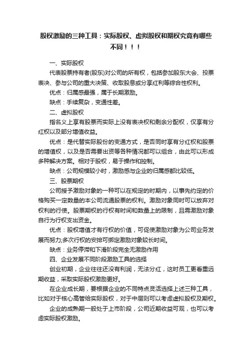 股权激励的三种工具：实际股权、虚拟股权和期权究竟有哪些不同！！！