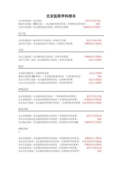 北京著名医院学科排名