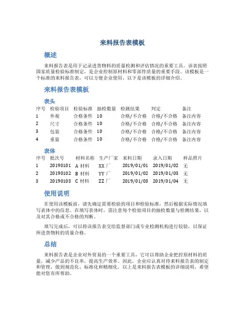 来料报告表模板
