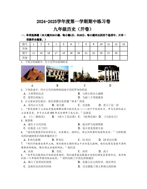 江苏省南京市2024-2025学年九年级上学期期中历史练习卷(含答案)