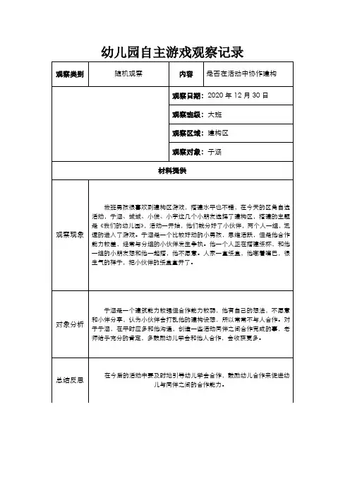 幼儿园班级自主游戏观察记录