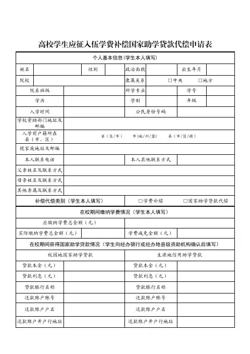 高校学生应征入伍学费补偿国家助学贷款代偿申请表