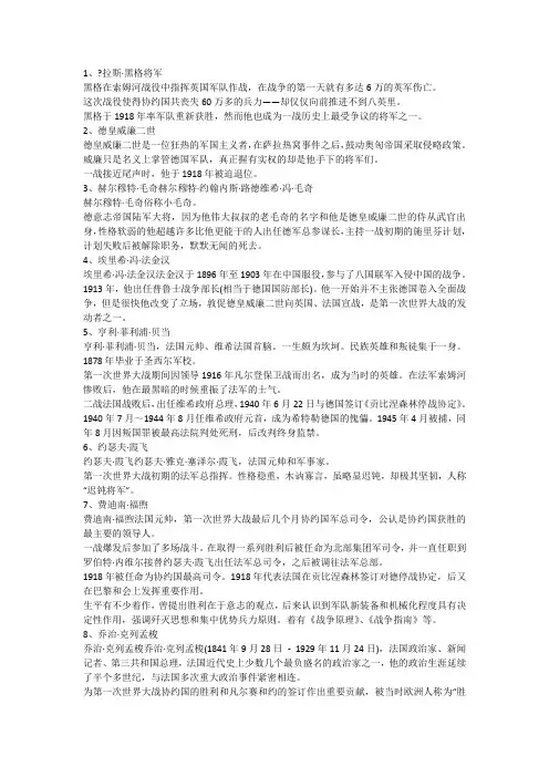 第一次世界大战中最著名的十大名将!