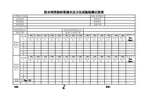 防水剂受检砂浆透水压力比试验检测记录表
