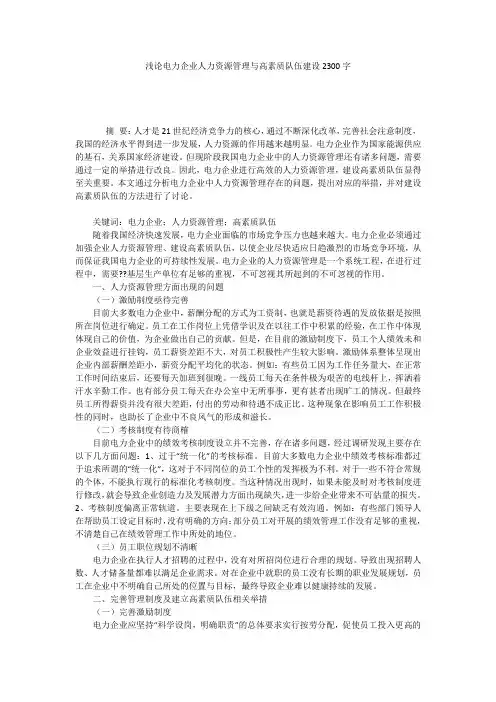 浅论电力企业人力资源管理与高素质队伍建设2300字