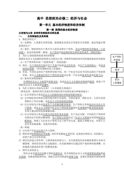 统编版(2019) 政治必修2 经济与社会 第一单元 基本经济制度和经济体制 必背知识点