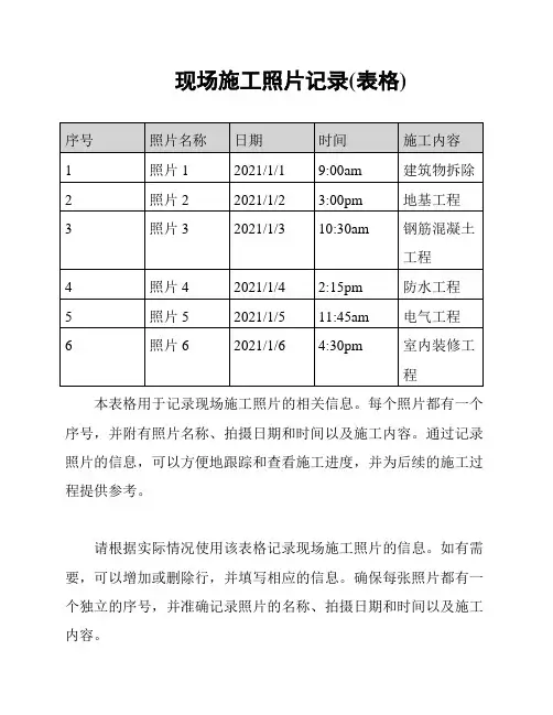 现场施工照片记录(表格)